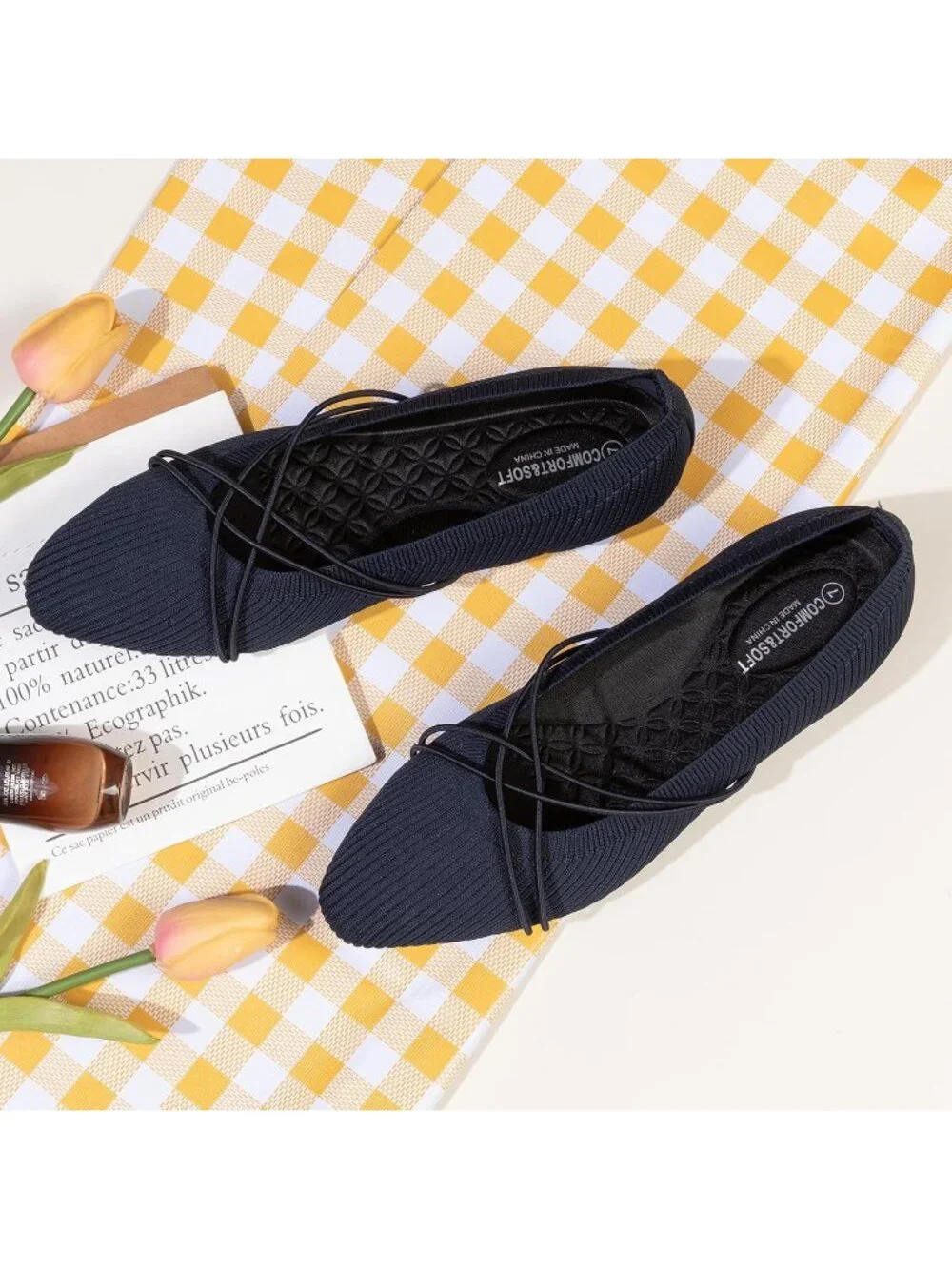 Women's Navy Square Toe Flats Comfortable Knit Ballet Flats with Cross Strap